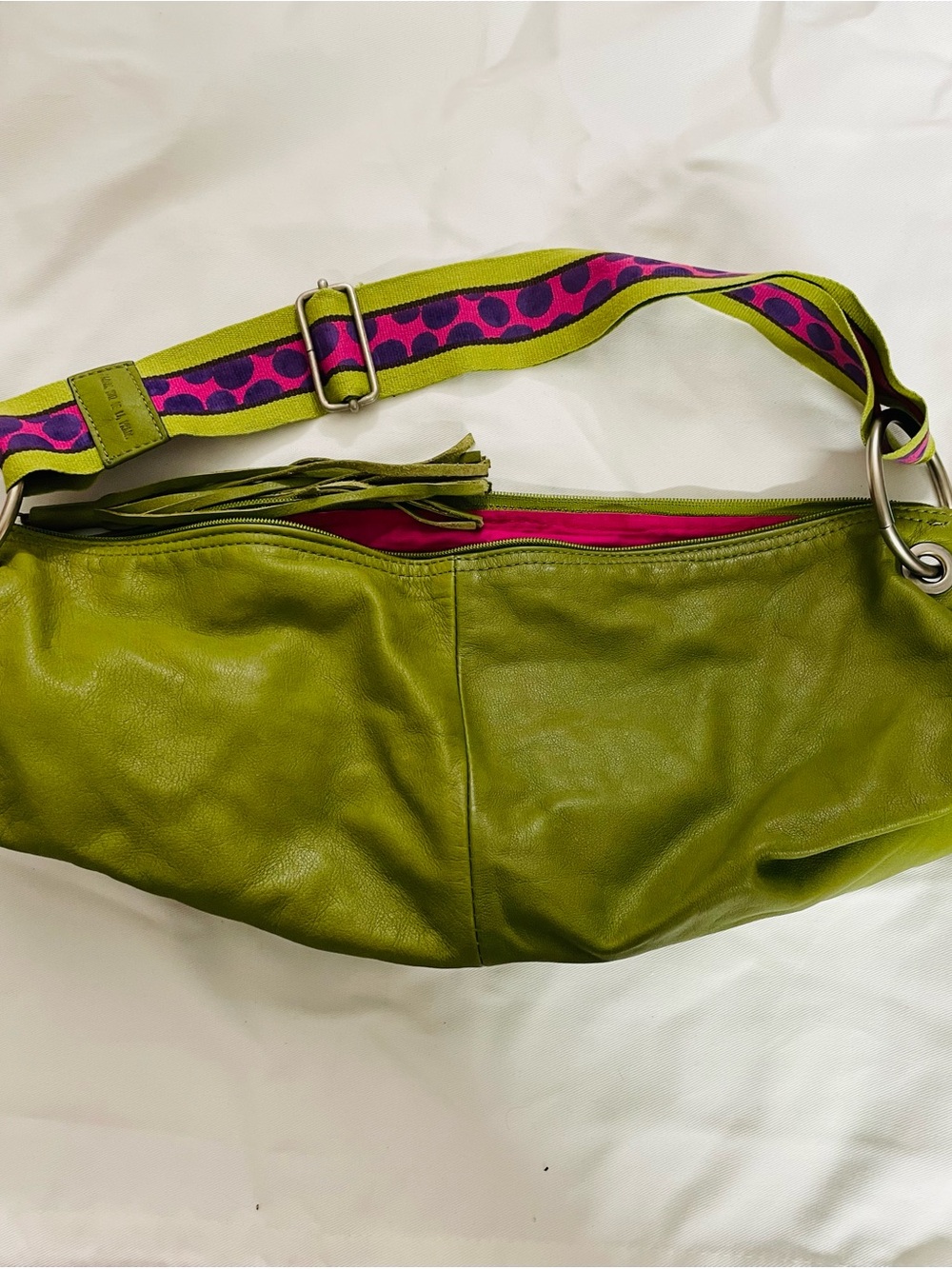 Agatha Ruiz De La Prada  Green Leather Crossbody with Pink Polka Strap